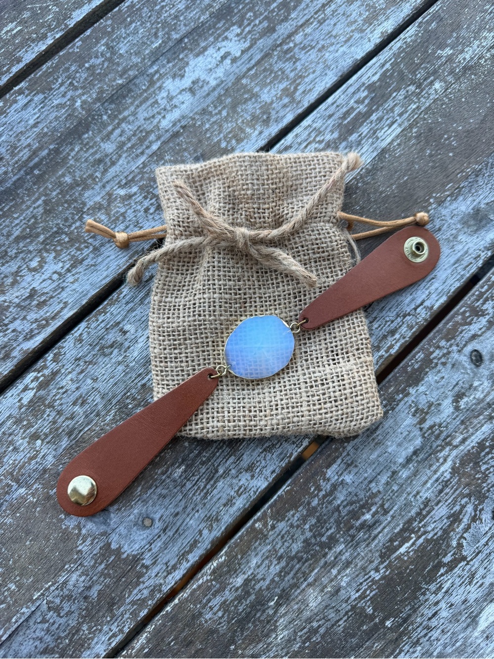 Brown Leather Boho Bracelet Blue Faceted Centerpiece Gold Tone